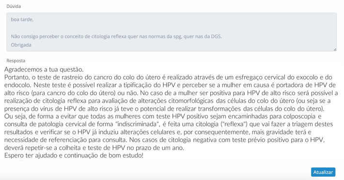 Sistema de dúvidas da plataforma PE