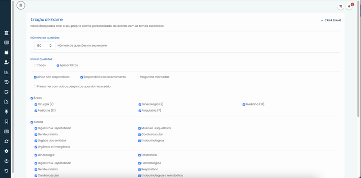 Ecrã do Qbank com casos clínicos personalizáveis